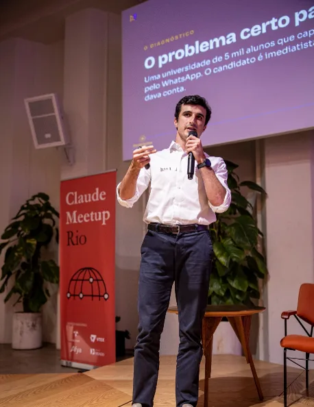 Apresentação de caso de captação com agente de IA no WhatsApp, Claude Meetup Rio
